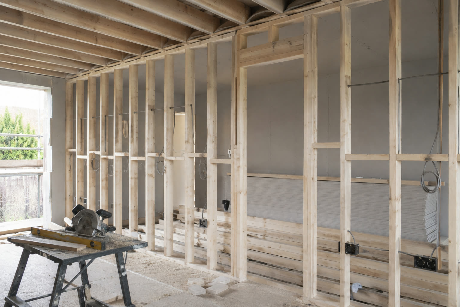New timber stud partition with noggins and a formed door opening, mid first fix