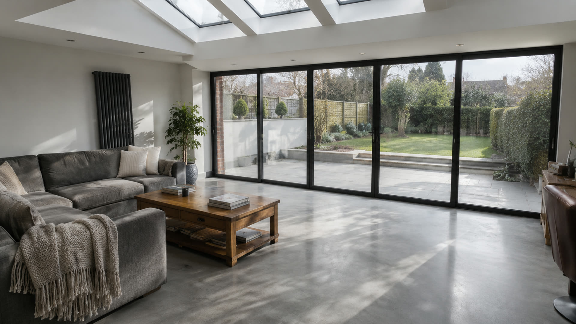 Garden room extension with a glazed lantern roof, polished concrete floor and full-width sliding doors