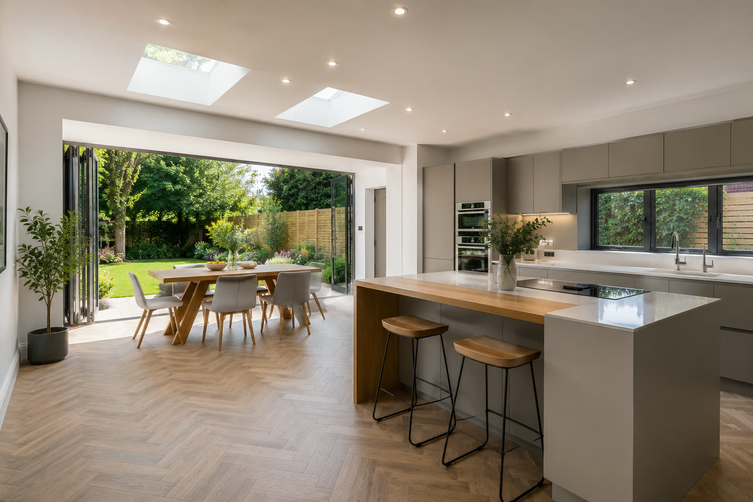 Bright kitchen extension with bifold doors open to the garden, roof lanterns above and a herringbone floor