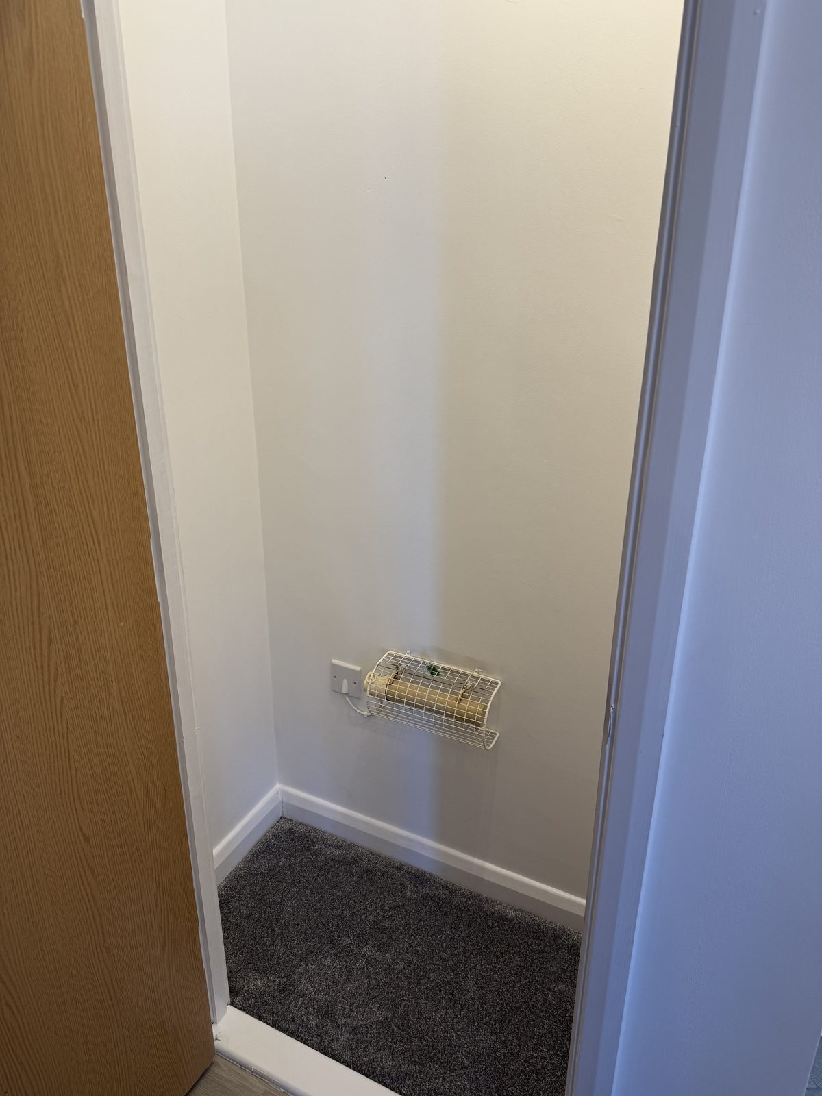 Hallway wall light where the bedroom carpet meets the new plank flooring