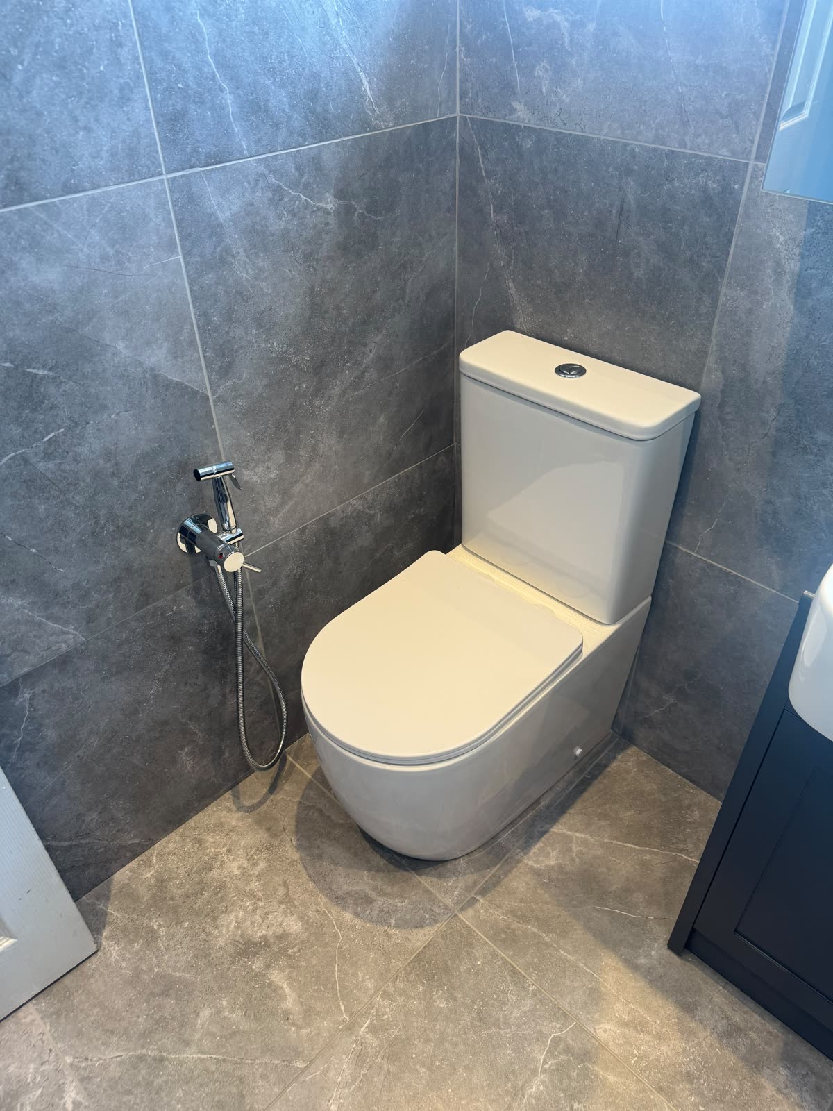 Wall-hung WC against full-height grey marble-effect tiling