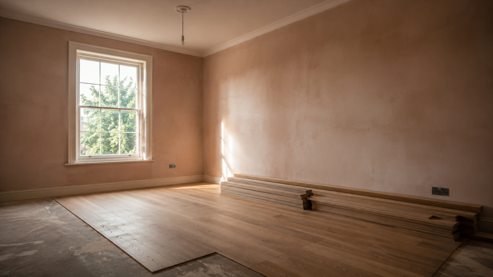 Freshly plastered rental interior with new oak flooring part laid