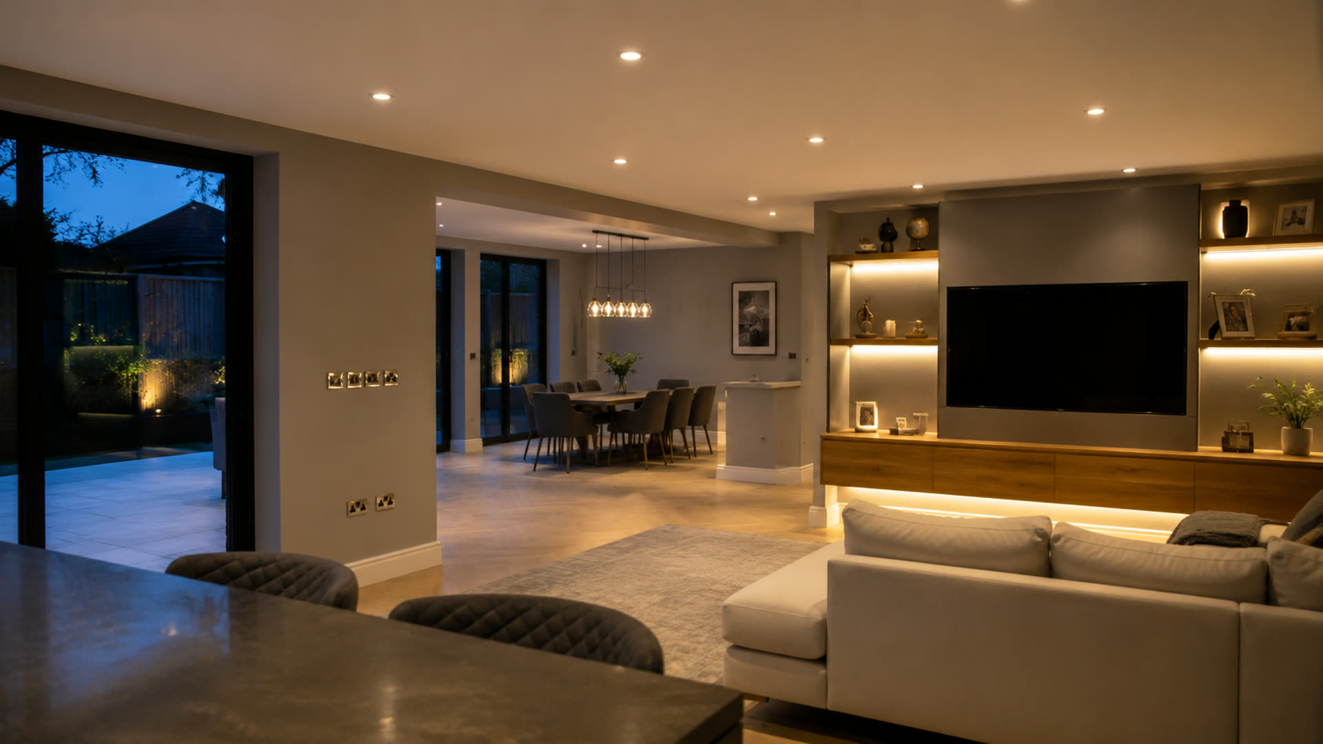 Open-plan living and dining room at dusk with a media wall