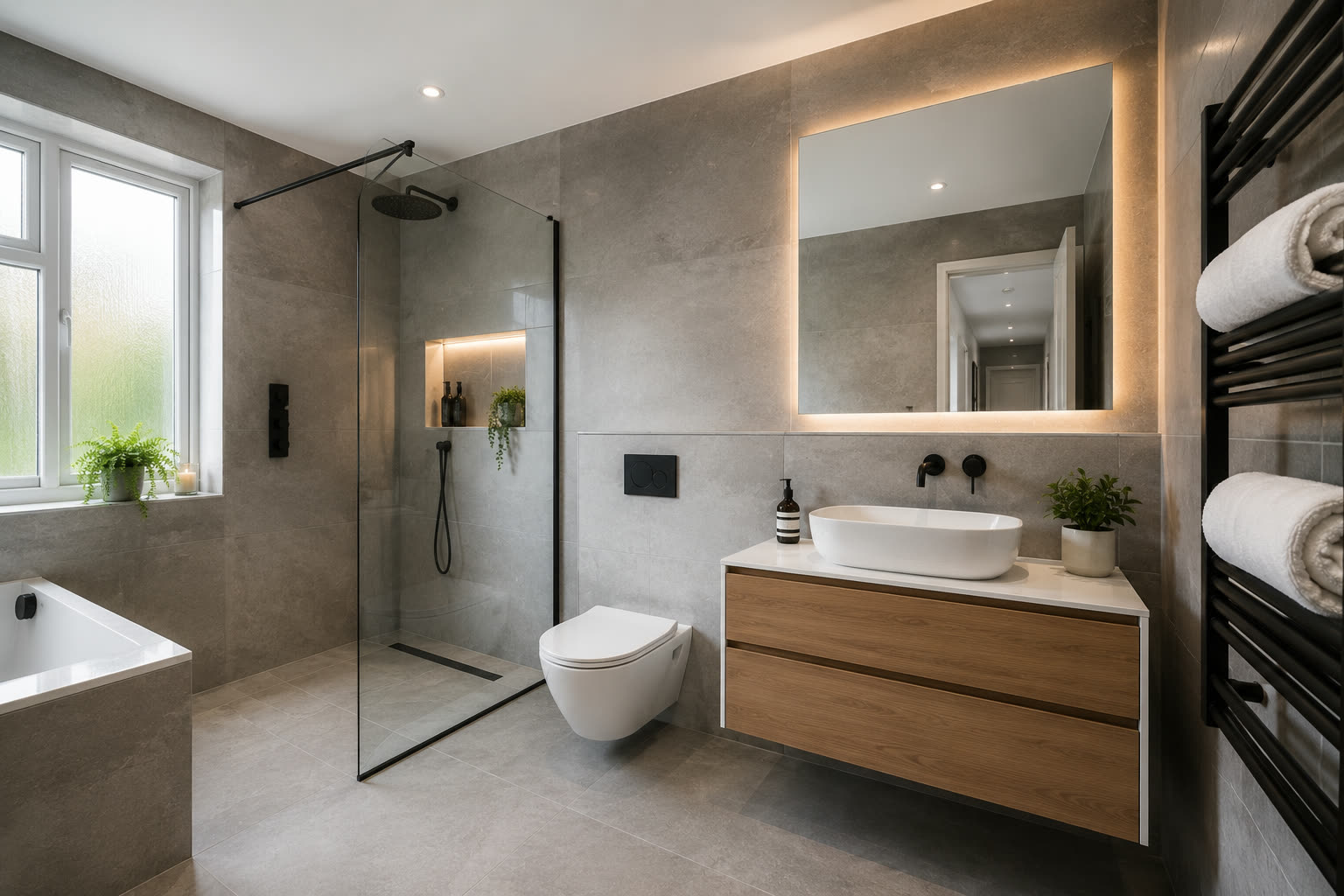 Renovated bathroom with a walk-in shower, wall-hung vanity and large-format grey tiling
