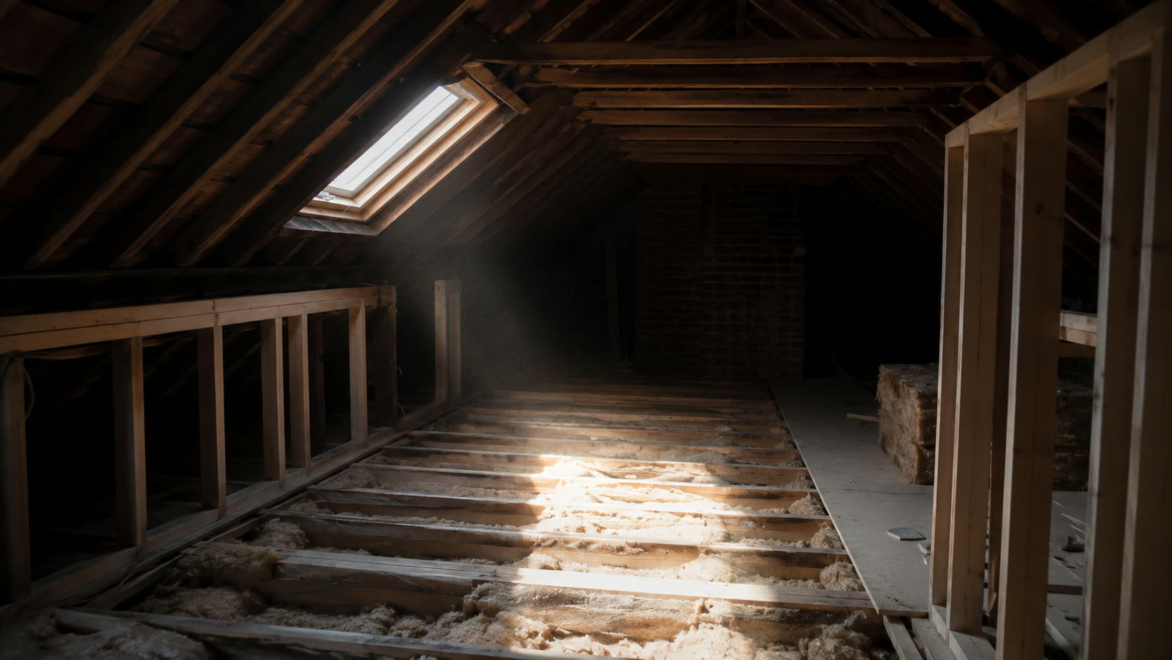 Loft conversion in progress: new timber rafters and stud work lit by a roof window