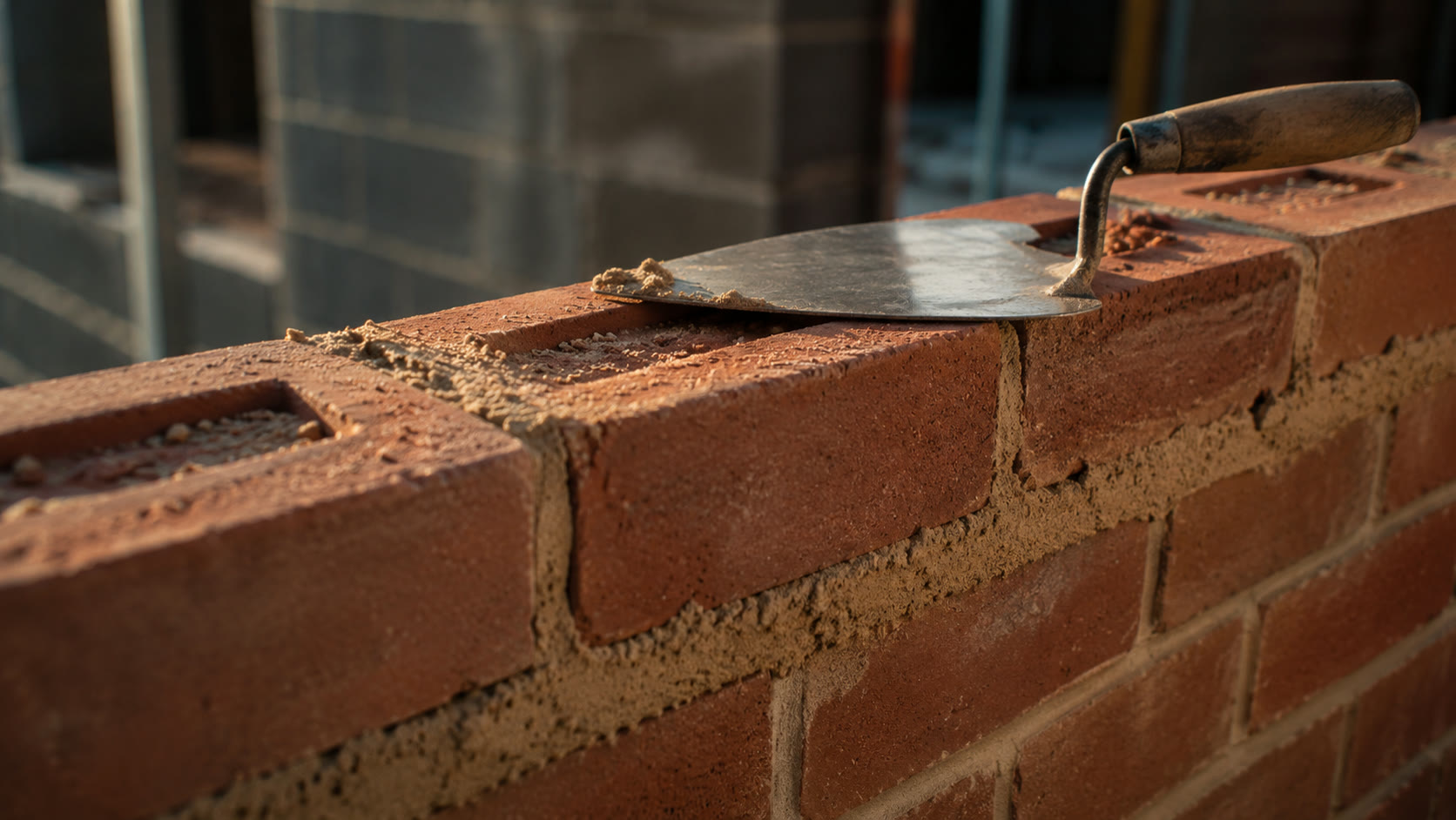 Brickwork under construction with a trowel resting on a fresh course of bricks