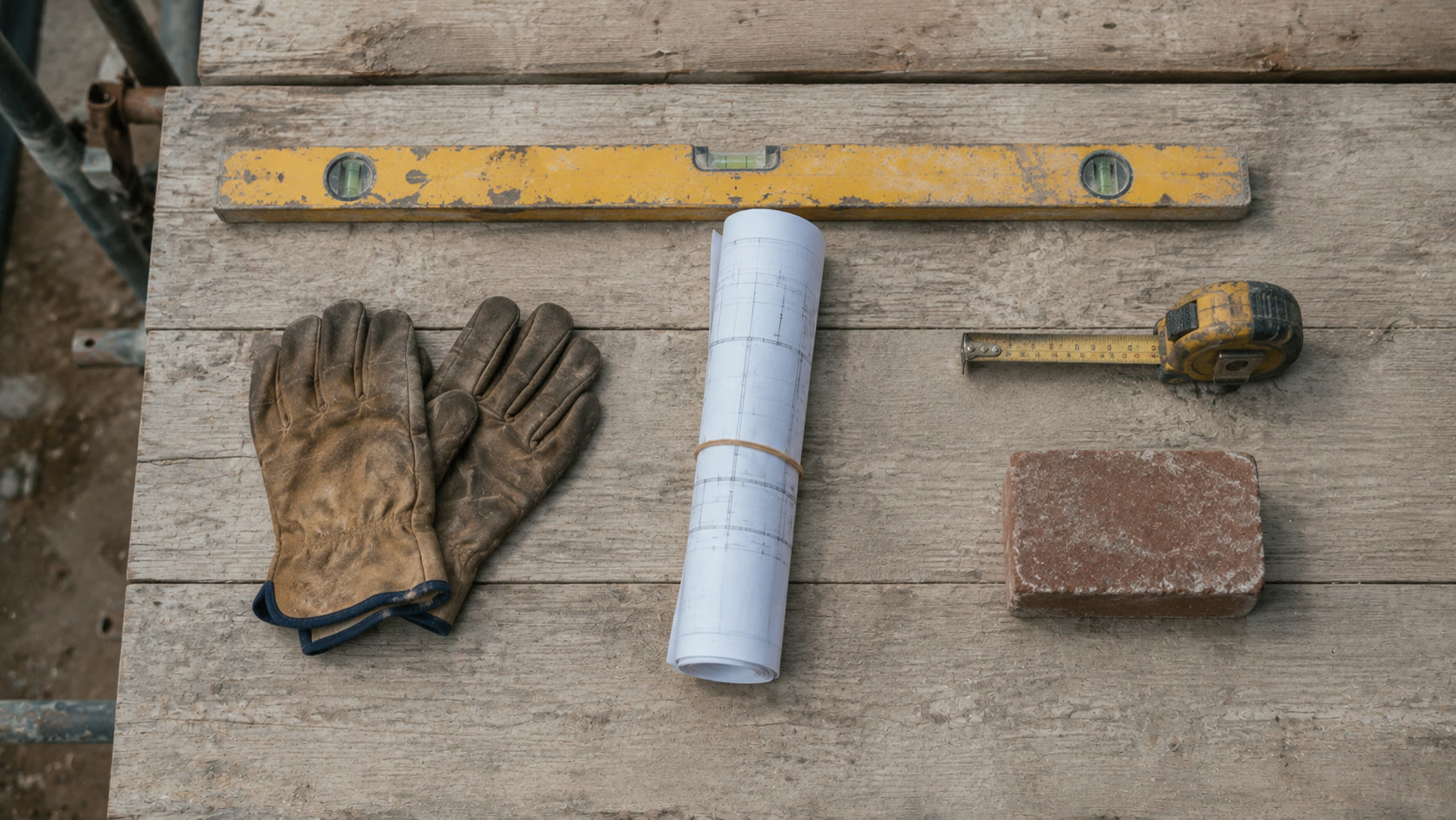 Maintenance tools laid out on drawings: spirit level, work gloves, brick and tape measure