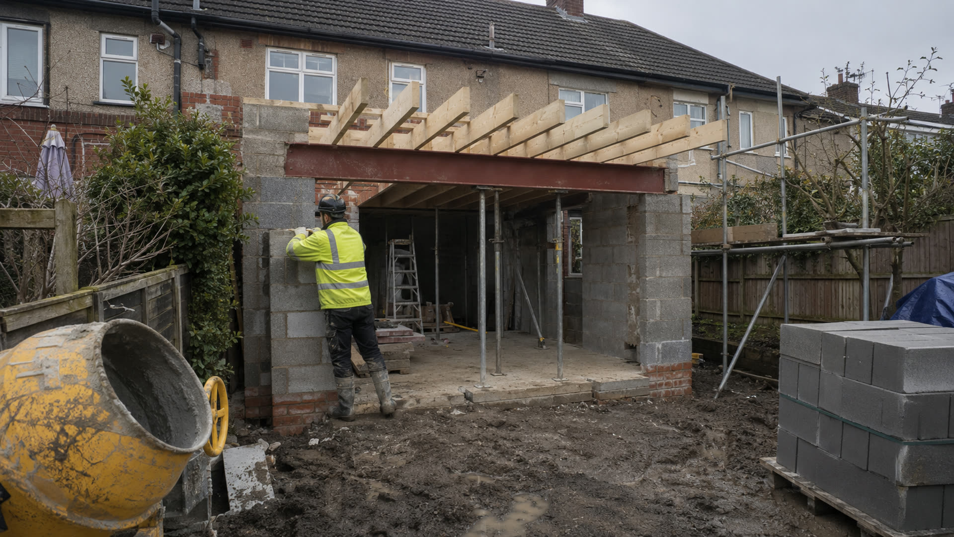 Blockwork extension under construction with a steel beam, new timber joists and a cement mixer in the foreground